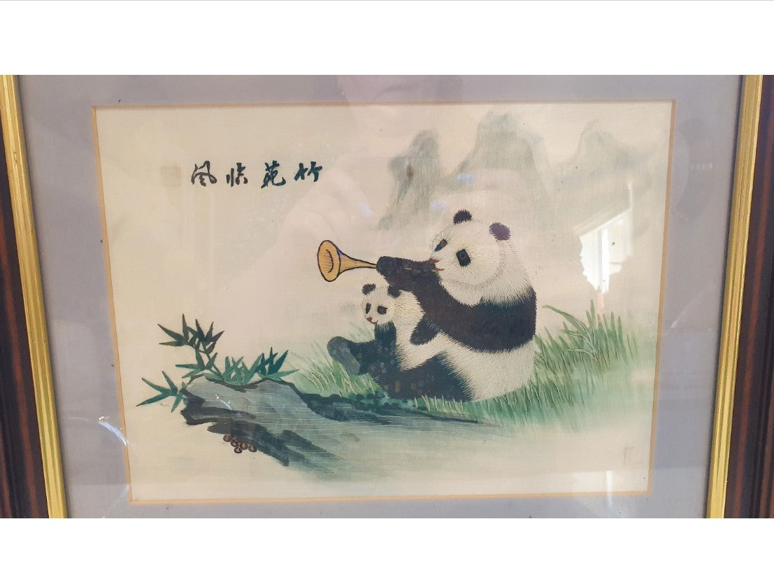 Vintage Chinese Silk Embroidery, Vintage Chinese Art, Silk Art Work, Vintage Chinese, Pandas in the Bamboo forest, Framed