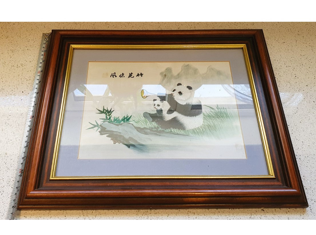 Vintage Chinese Silk Embroidery, Vintage Chinese Art, Silk Art Work, Vintage Chinese, Pandas in the Bamboo forest, Framed