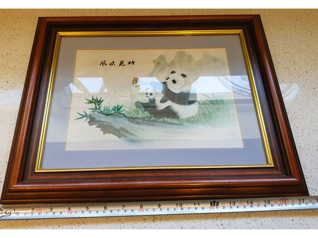 Vintage Chinese Silk Embroidery, Vintage Chinese Art, Silk Art Work, Vintage Chinese, Pandas in the Bamboo forest, Framed