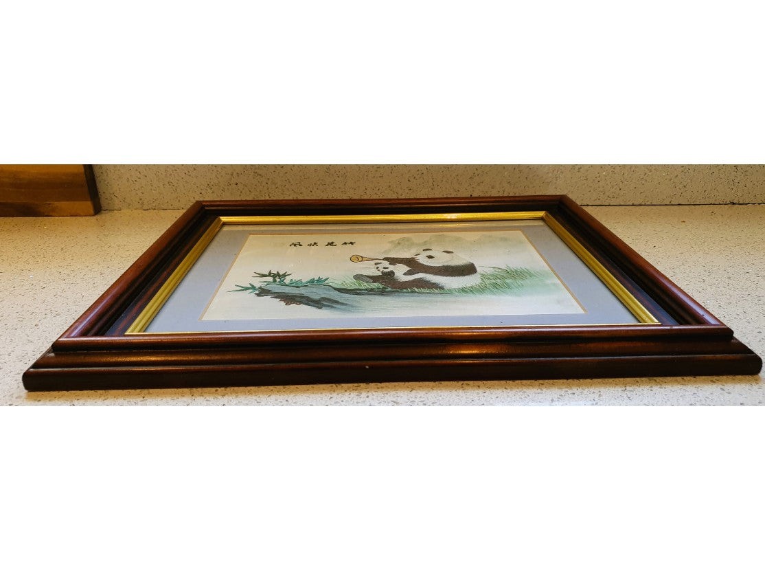 Vintage Chinese Silk Embroidery, Vintage Chinese Art, Silk Art Work, Vintage Chinese, Pandas in the Bamboo forest, Framed