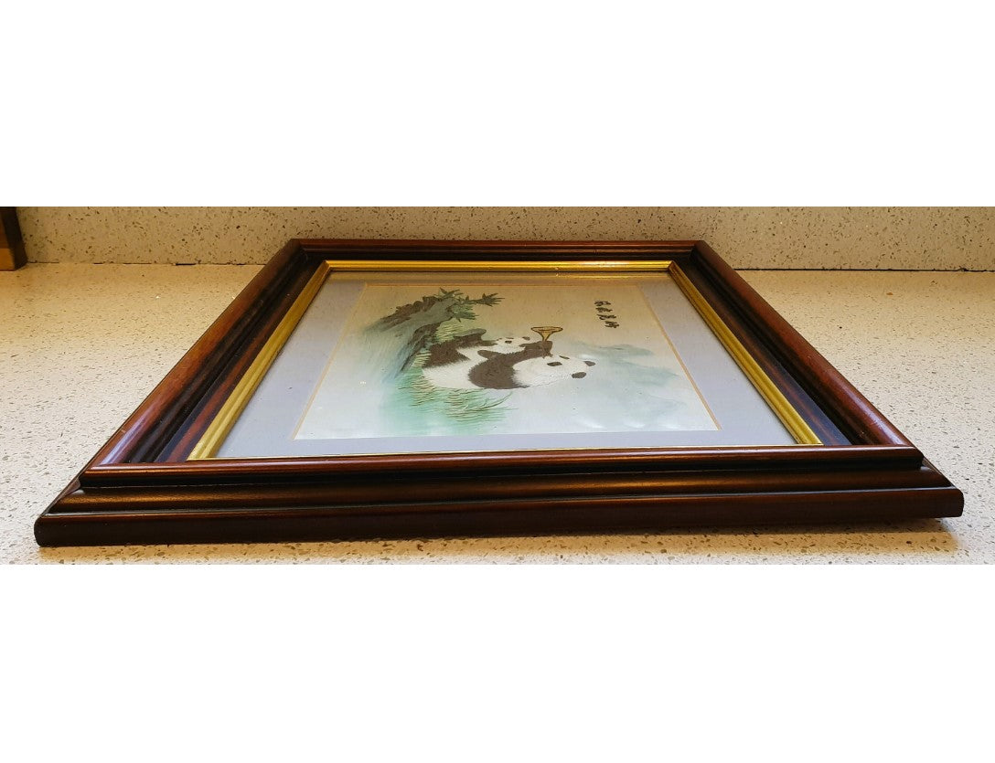 Vintage Chinese Silk Embroidery, Vintage Chinese Art, Silk Art Work, Vintage Chinese, Pandas in the Bamboo forest, Framed