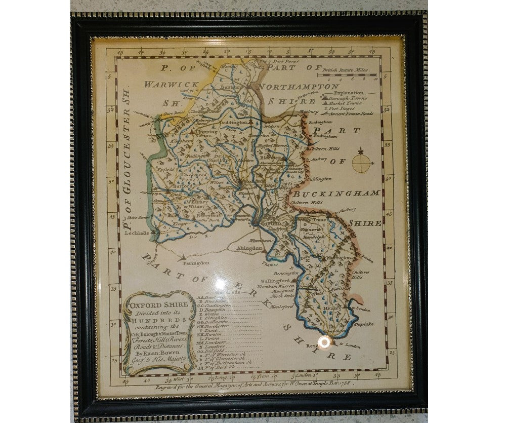 Vintage Print of Oxfordshire, Antique Map of Oxfordshire, Antique Map of Buckinghamshire, Berkshire, Emanuel Bowen