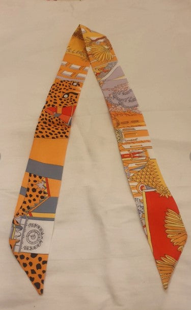 Faux Silk Scarf, Ribbon scarf, Neck Scarf, Leopard, orange, Bag Scarf, Long