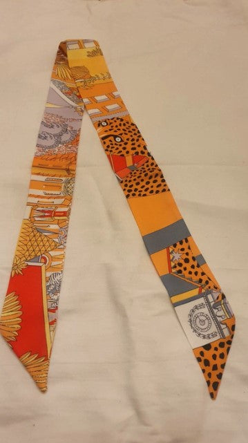 Faux Silk Scarf, Ribbon scarf, Neck Scarf, Leopard, orange, Bag Scarf, Long