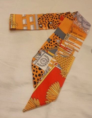 Faux Silk Scarf, Ribbon scarf, Neck Scarf, Leopard, orange, Bag Scarf, Long