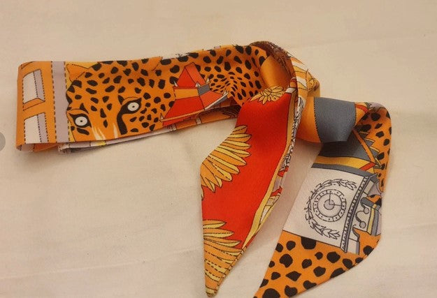Faux Silk Scarf, Ribbon scarf, Neck Scarf, Leopard, orange, Bag Scarf, Long