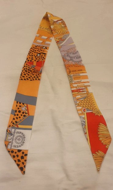 Faux Silk Scarf, Ribbon scarf, Neck Scarf, Leopard, orange, Bag Scarf, Long