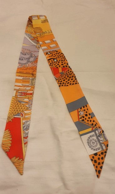 Faux Silk Scarf, Ribbon scarf, Neck Scarf, Leopard, orange, Bag Scarf, Long