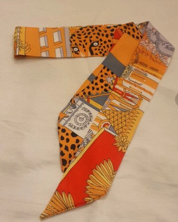 Faux Silk Scarf, Ribbon scarf, Neck Scarf, Leopard, orange, Bag Scarf, Long