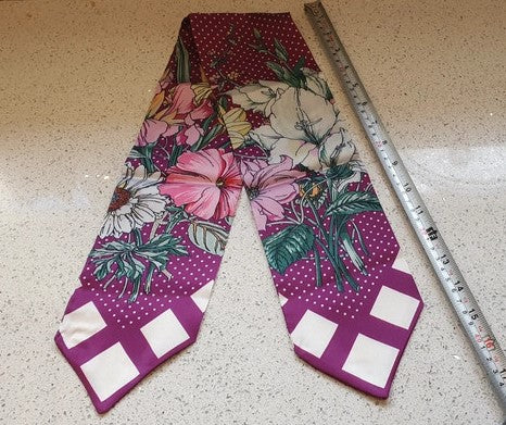 Faux Silk Scarf, Ribbon scarf, Neck Scarf, Purple, Floral, Wide, Bag Scarf, Long