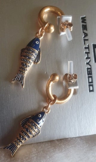 Fish Earrings, Enamel, Blue and Gold, Drop, Earrings, fish shaped