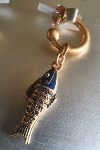 Fish Earrings, Enamel, Blue and Gold, Drop, Earrings, fish shaped
