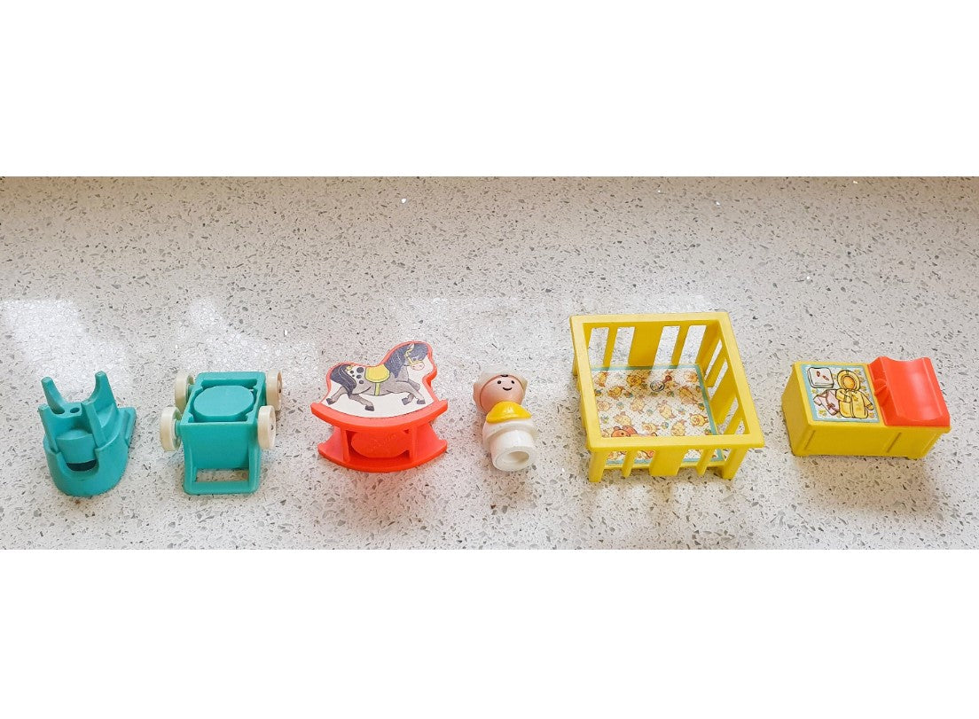 Vintage, Fisher-Price Little People Baby in Bonnet, Fisher Price Nursery furniture set, Pram, Rocking Horse, Changing Table, Nursery Furniture