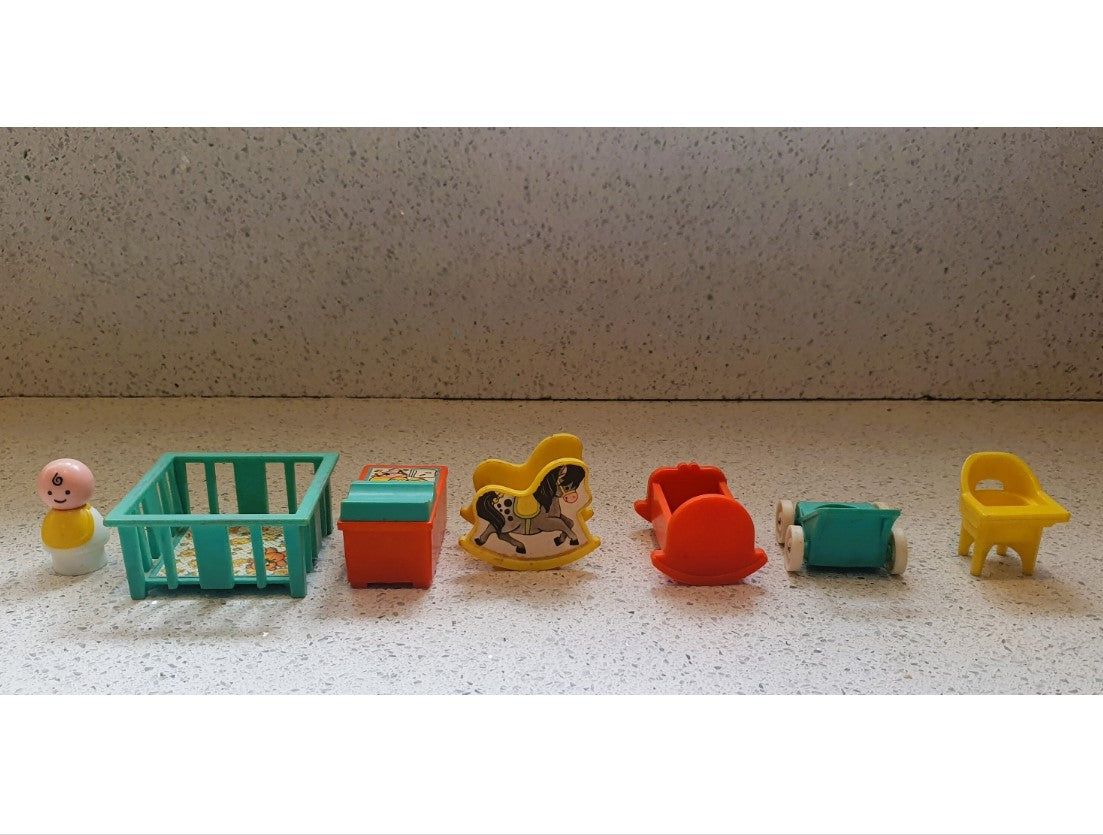 Vintage, Fisher-Price Little People Baby, Fisher Price Nursery furniture set, Pram, Rocking Horse, Changing Table, High Chair,