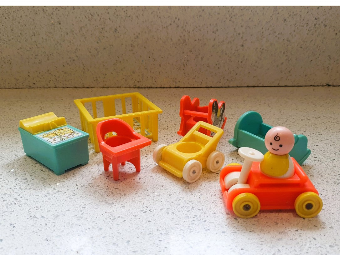 Vintage, Fisher-Price Little People Baby, Fisher Price Nursery furniture set, Pram, Rocking Horse, Changing Table, High Chair, Cot and Play Pen