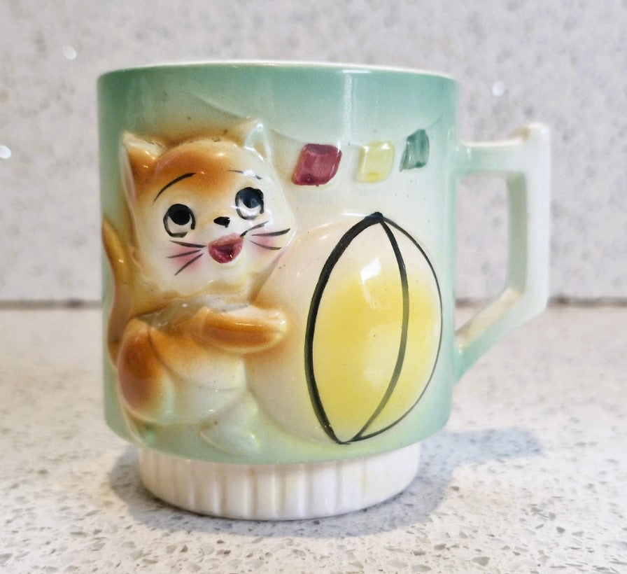 Kitsch Quirky Cat Mug, Kitsch, Quirky, Ceramic, Kitten, Playful Cat, with Ball, 1950s, 50s Kitchenailia