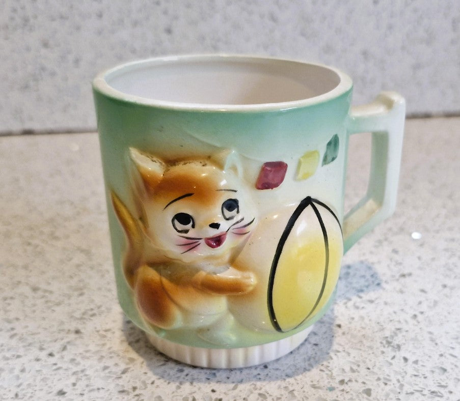 Kitsch Quirky Cat Mug, Kitsch, Quirky, Ceramic, Kitten, Playful Cat, with Ball, 1950s, 50s Kitchenailia