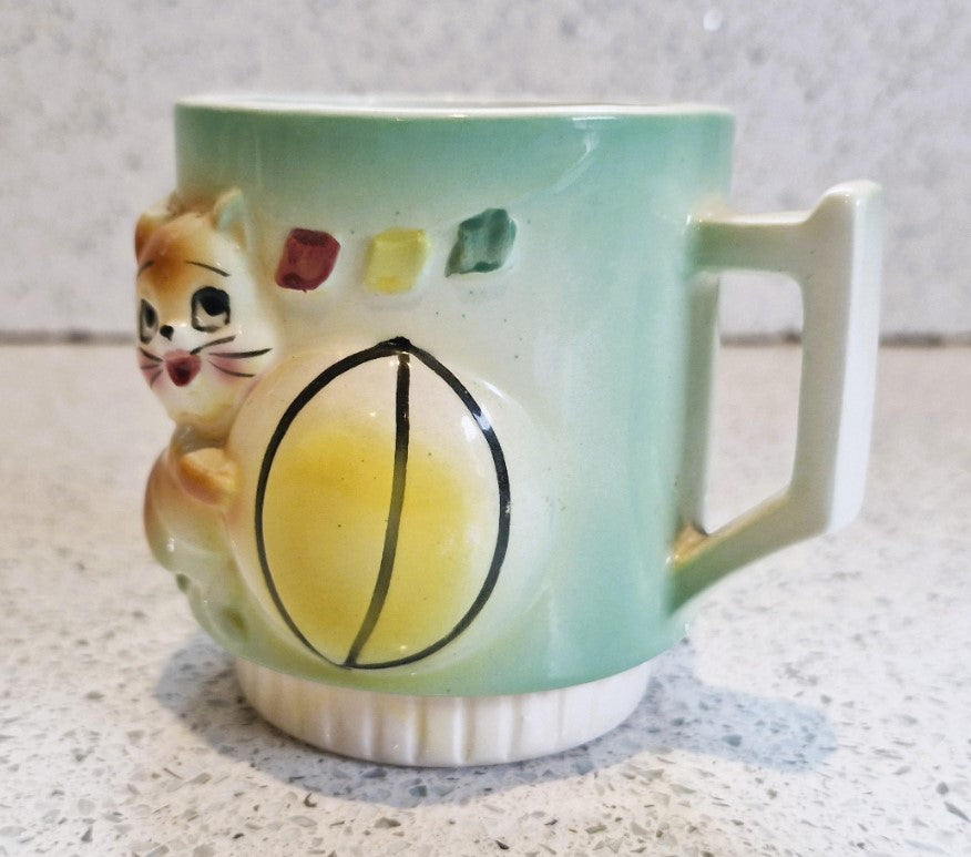 Kitsch Quirky Cat Mug, Kitsch, Quirky, Ceramic, Kitten, Playful Cat, with Ball, 1950s, 50s Kitchenailia