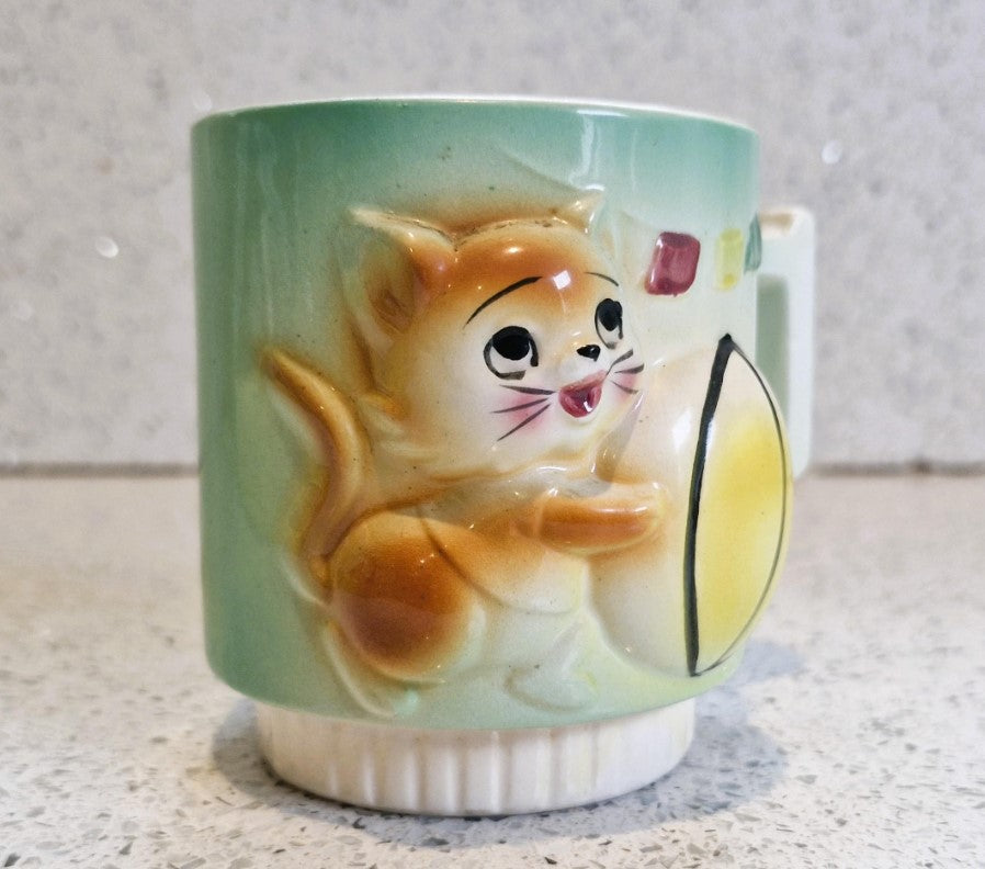 Kitsch Quirky Cat Mug, Kitsch, Quirky, Ceramic, Kitten, Playful Cat, with Ball, 1950s, 50s Kitchenailia