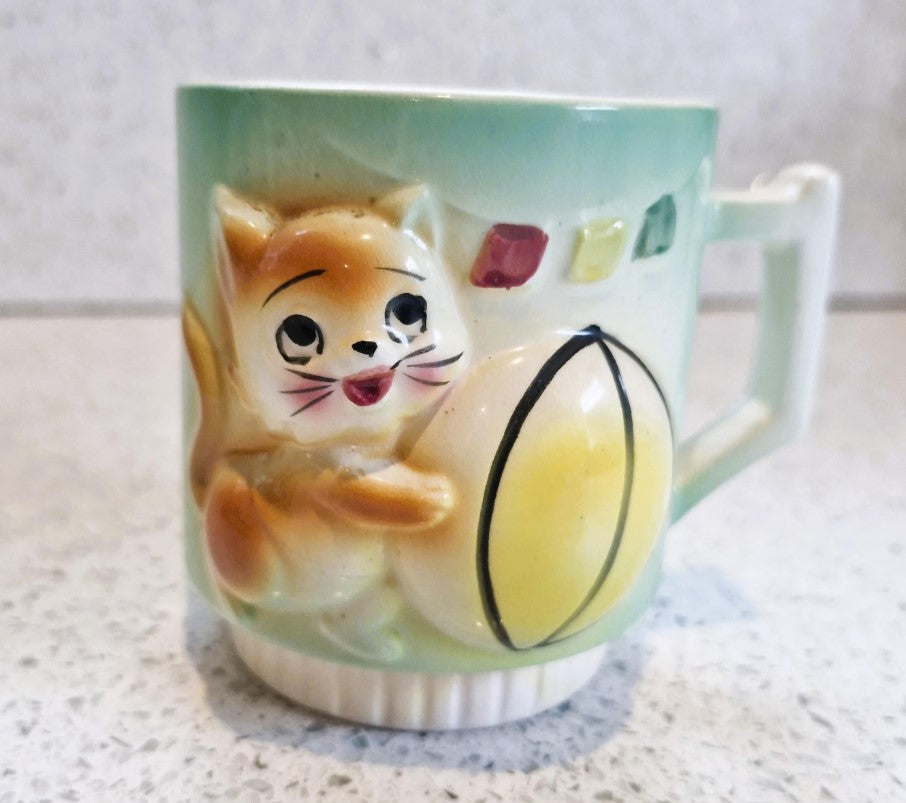 Kitsch Quirky Cat Mug, Kitsch, Quirky, Ceramic, Kitten, Playful Cat, with Ball, 1950s, 50s Kitchenailia