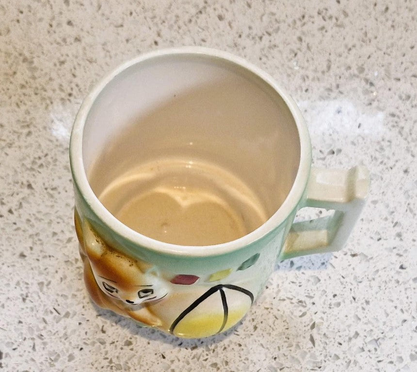 Kitsch Quirky Cat Mug, Kitsch, Quirky, Ceramic, Kitten, Playful Cat, with Ball, 1950s, 50s Kitchenailia