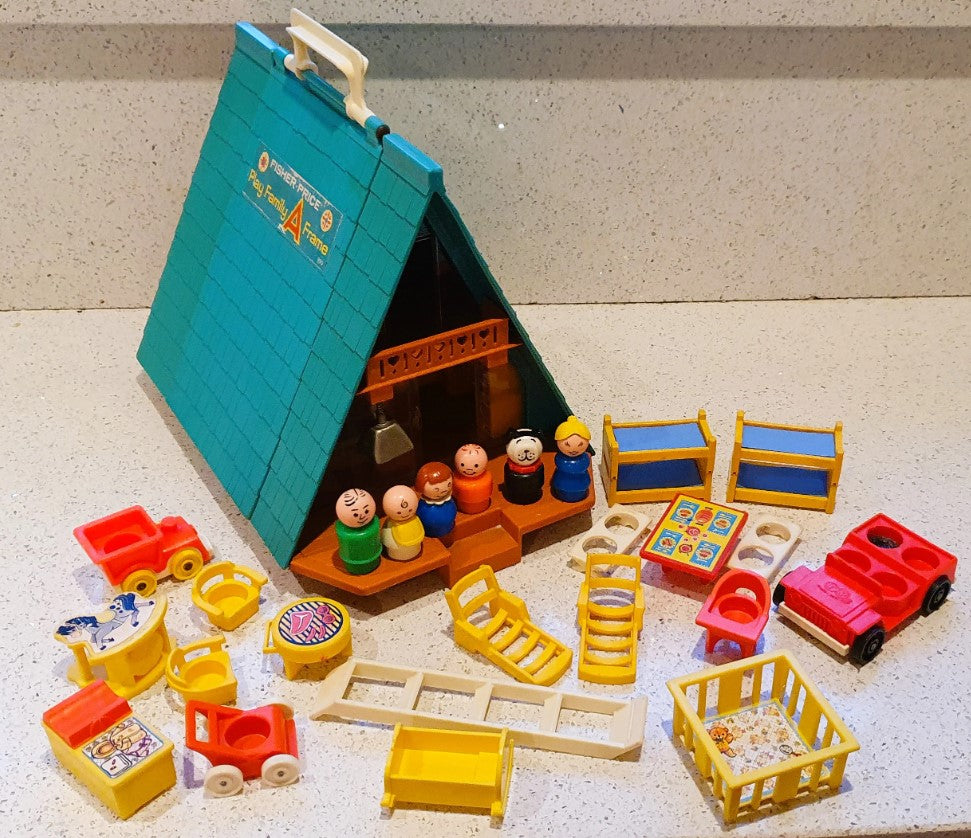 Fisher-Price Play Family A Frame House, Fisher Price A frame House, complete, Vintage Fisher Price Toys, 1970s