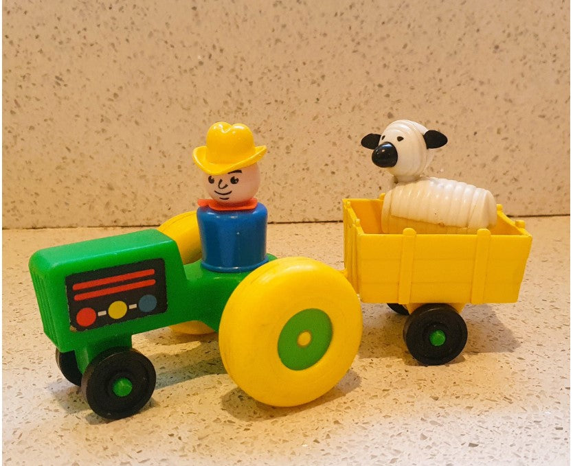 Fisher-Price Little People tractor and trailer set, with farmer and sheep, Vintage Fisher Price Toys