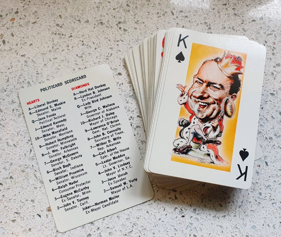 Politicards, Vintage Playing Cards, Nixon, Kennedy, Jane Fonda, Ronald Reagan, Ford, Eisenhower, 60s, 70s, dated 1971, Full Deck