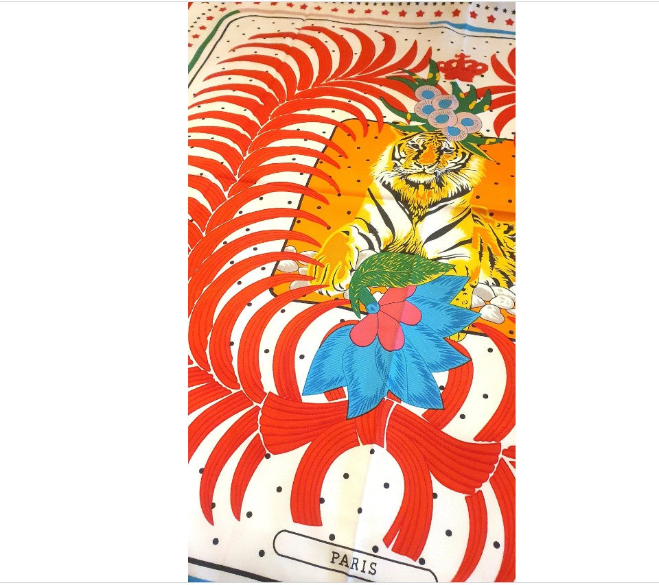 Large, Faux Silk Scarf, Hand Printed, Tiger design, Large, 83cm, Bold, Bright, Orange, Blue, Colourful, Hijab