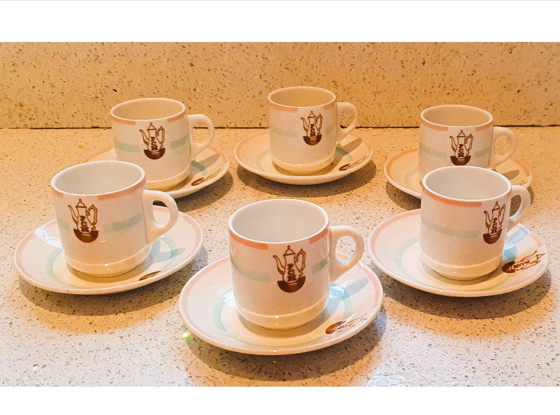 Vintage PCH, Pilatus wings, Pilatus Flugzeugwerke, ceramic Espresso Coffee cups, Immaculate condition, full set of 6, 1960s.