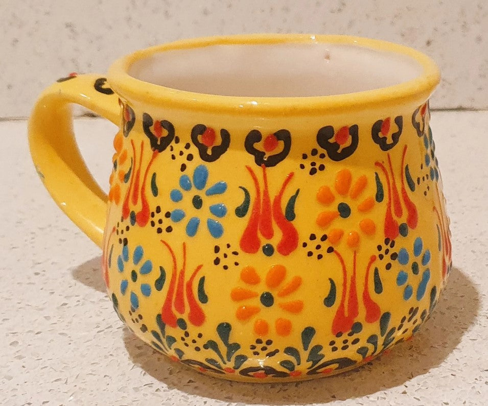 Hand Painted, Turkish, Ceramic Coffee Cup, Hand Painted Mug, Yellow, Raised design, rounded