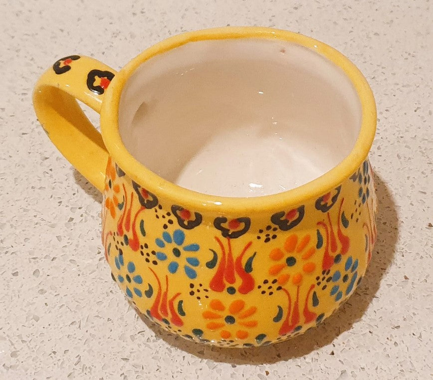Hand Painted, Turkish, Ceramic Coffee Cup, Hand Painted Mug, Yellow, Raised design, rounded