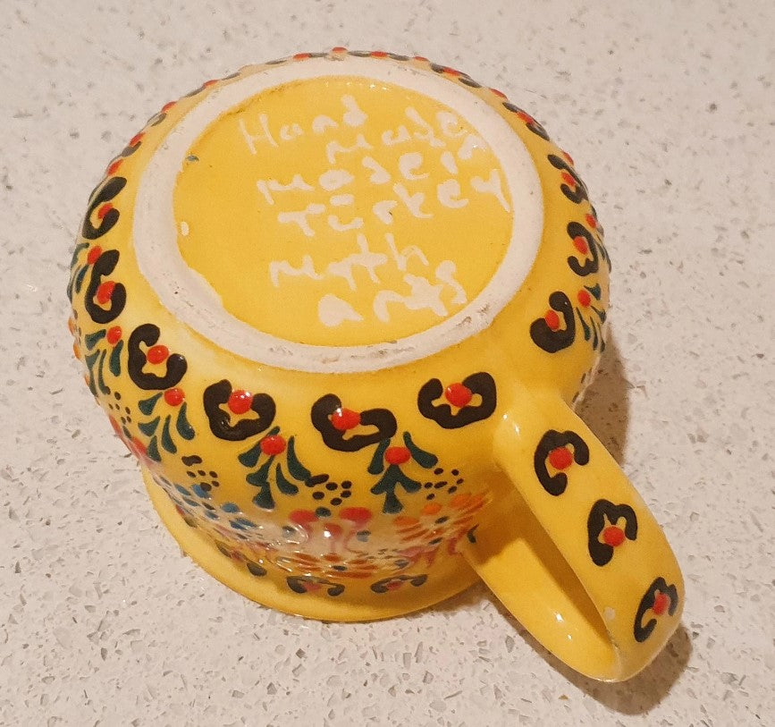 Hand Painted, Turkish, Ceramic Coffee Cup, Hand Painted Mug, Yellow, Raised design, rounded