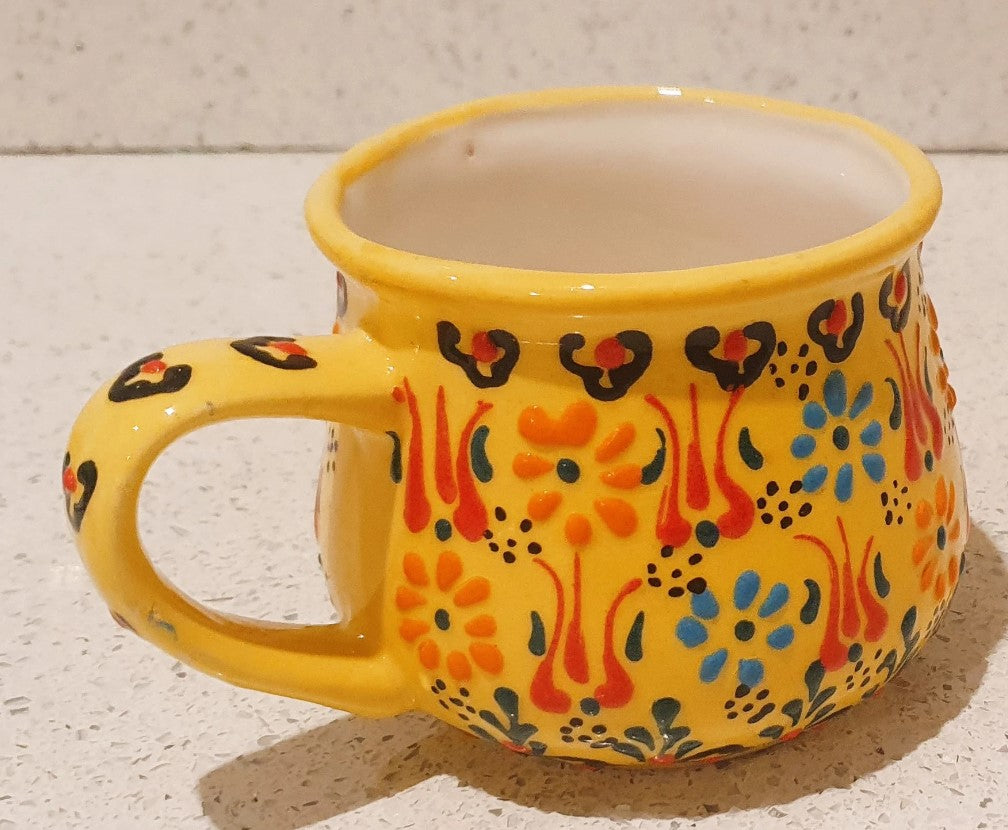 Hand Painted, Turkish, Ceramic Coffee Cup, Hand Painted Mug, Yellow, Raised design, rounded