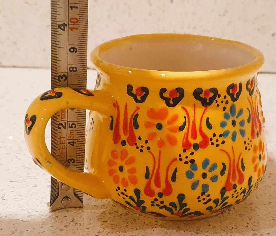 Hand Painted, Turkish, Ceramic Coffee Cup, Hand Painted Mug, Yellow, Raised design, rounded