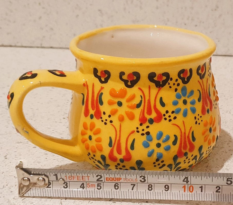 Hand Painted, Turkish, Ceramic Coffee Cup, Hand Painted Mug, Yellow, Raised design, rounded