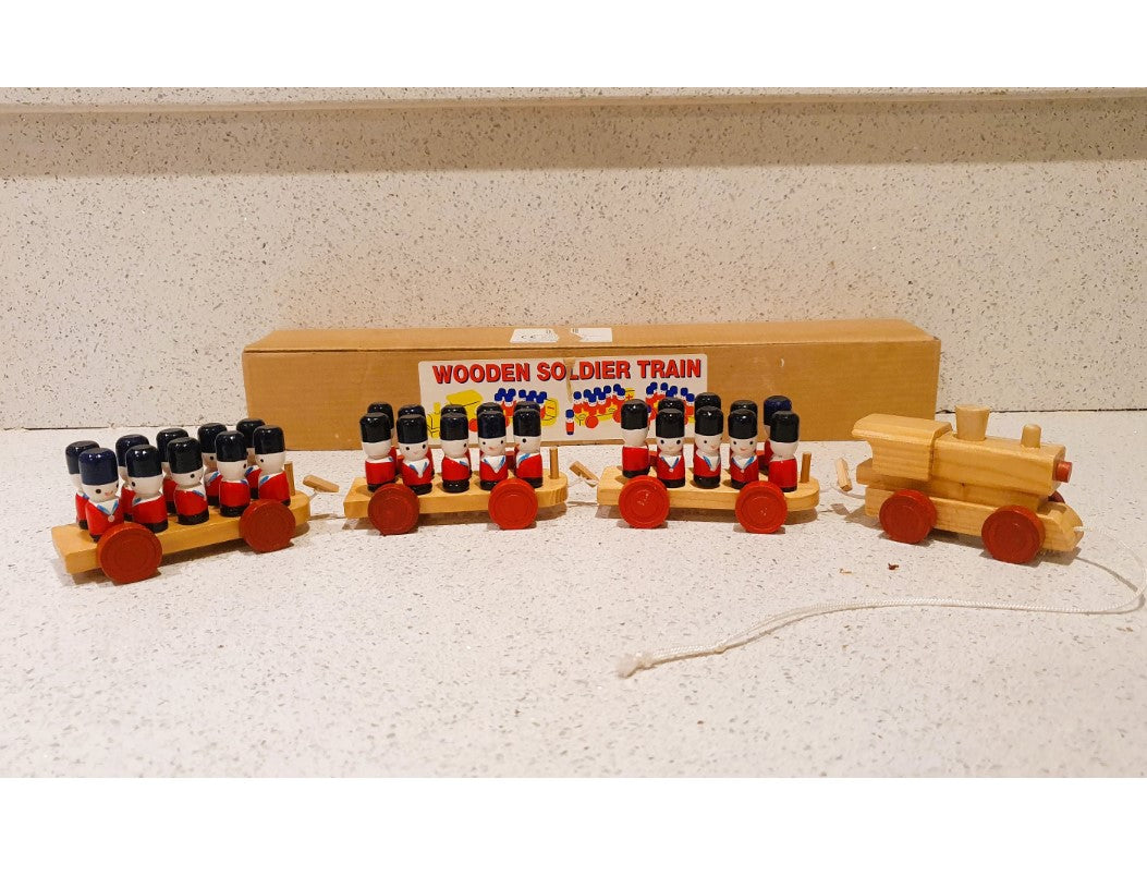Vintage Wooden Train with wooden soldiers, Queens Guard, Pull along, Very good condition, original Packaging, circa 1986