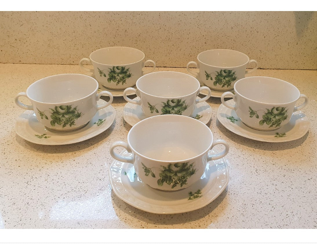 Large 2 Handled Soup Tureen and 5 x Soup Coups, Green and White, IMMACULATE