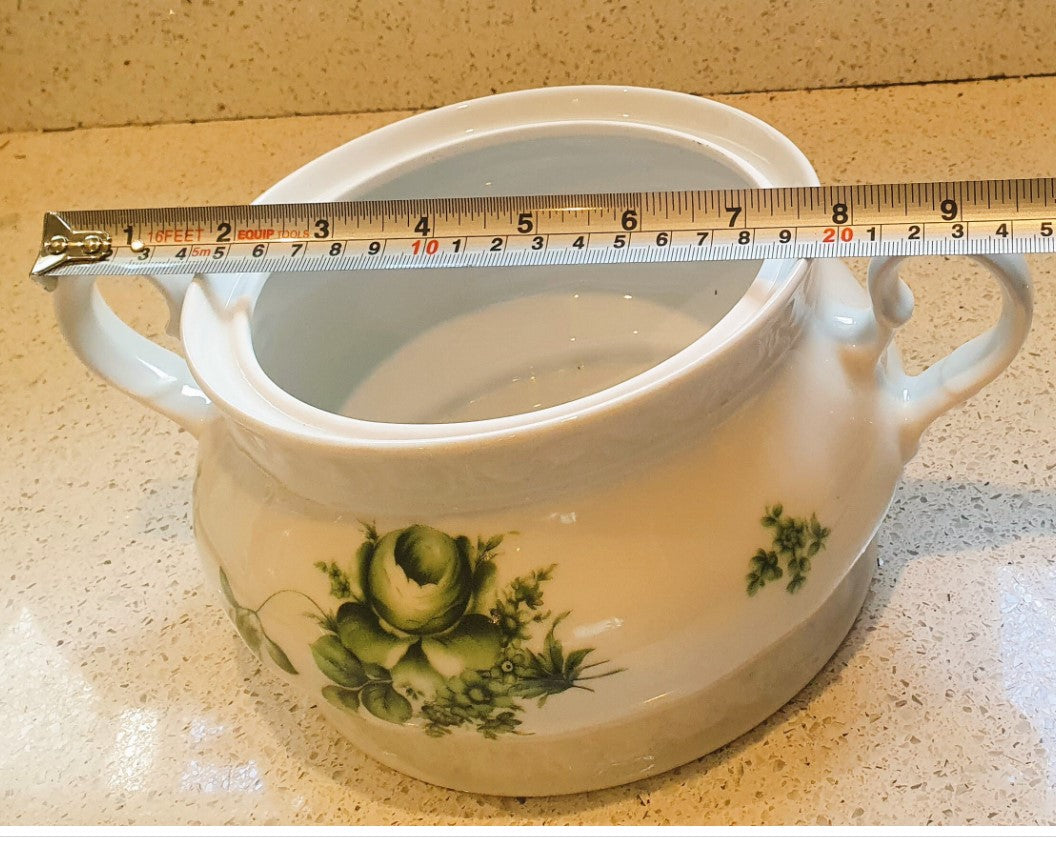 Large 2 Handled Soup Tureen and 5 x Soup Coups, Green and White, IMMACULATE