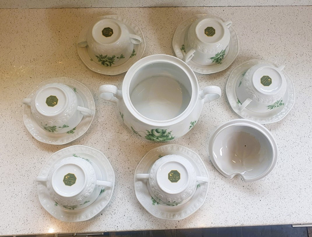 Large 2 Handled Soup Tureen and 5 x Soup Coups, Green and White, IMMACULATE