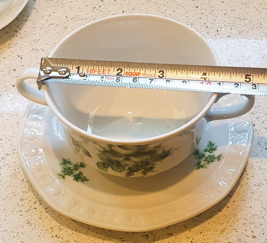 Large 2 Handled Soup Tureen and 5 x Soup Coups, Green and White, IMMACULATE