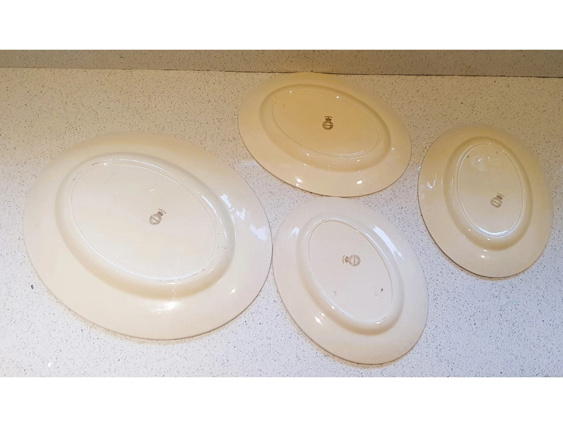 Large Art Deco Dinner Service, RIDGWAYS England Green VENETIAN Plates, Royal Ducal, Large, 10 Person, Cream, Gilt, Gold Trim, 48 Pieces!