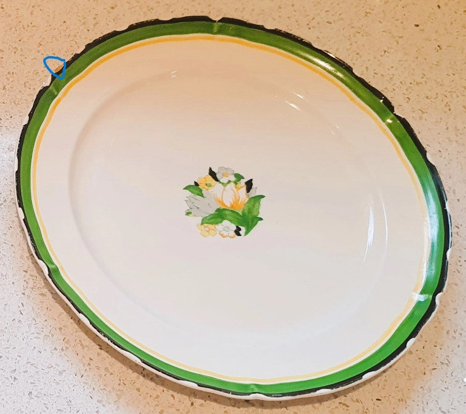 Antique, Hand Painted, Booths Dinner Plates, Art Deco, 10.5 Inch, Made in England, Green, Black, Cream,