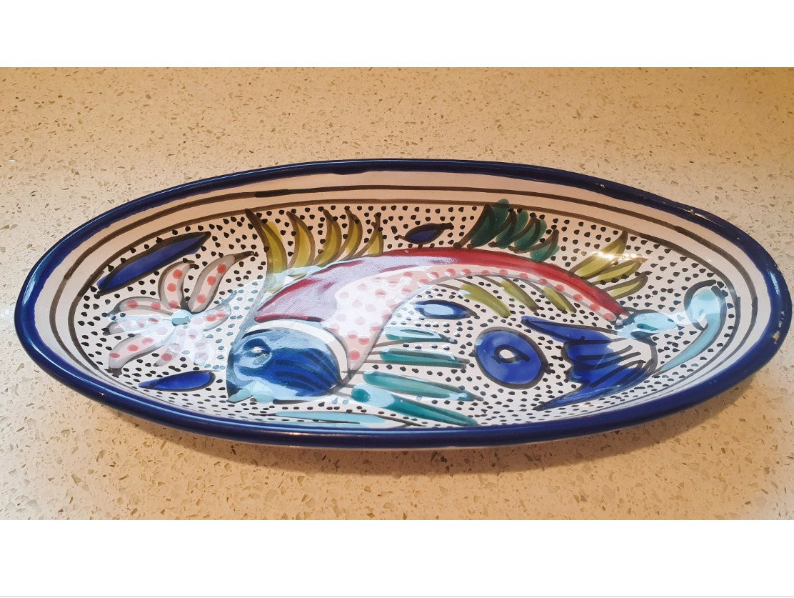 Portuguese, Hand Painted, Fish Plate, Fish Dish, Oval, 10 Inches,