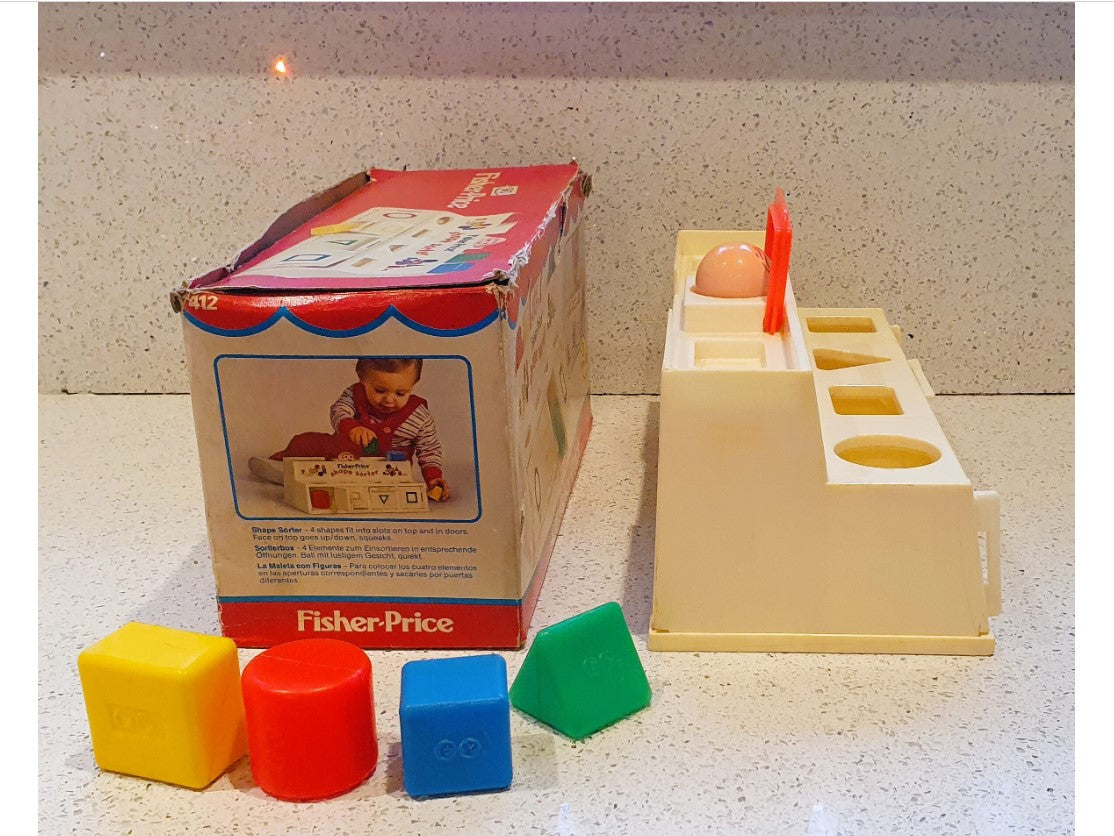 Fisher-Price, Shape Sorter, with doors, Squeaker, 1970s, 70s Vintage Toy, Original, Boxed, Original Packaging