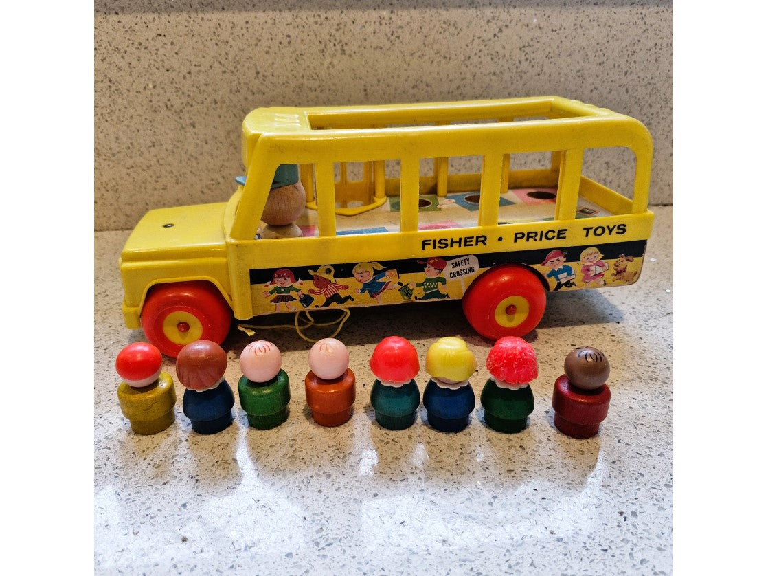 Fisher-Price 70s Yellow School Bus, Fisher Price School Bus, Fisher Price wooden little people Children, 1970s Fisher Price little people