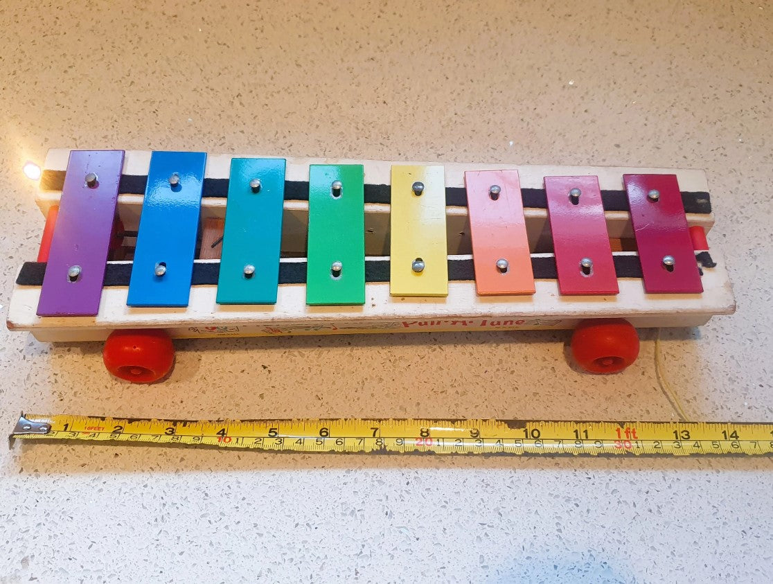 Fisher-Price, Pull A Tune Xylophone, Pull along Toy, Xylophone, Wooden, Metal, 60s, 70s, Vintage Fisher Price Toys