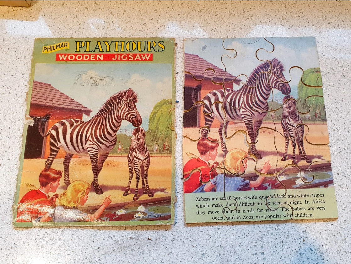 Philmar, Vintage Puzzle, Zebra, Zoo, Spielstunden, 50er, 60er, 8 x 6 Zoll