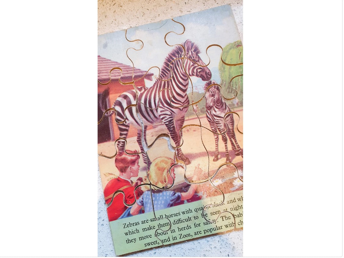 Philmar, Vintage Puzzle, Zebra, Zoo, Spielstunden, 50er, 60er, 8 x 6 Zoll