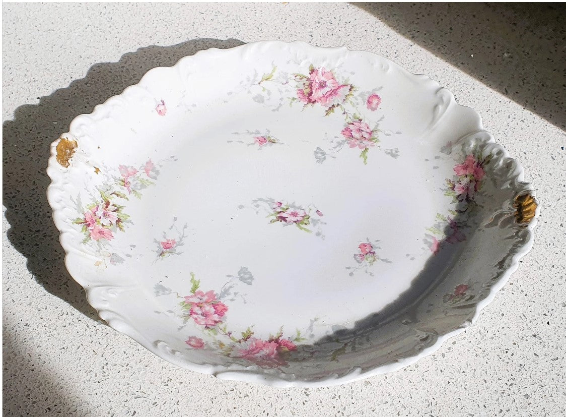 Vintage, Limoges, Theodore Haviland, Serving Platter, 11.5 Inch Chintz, Pink Flower, Fine China, French, Gold finished